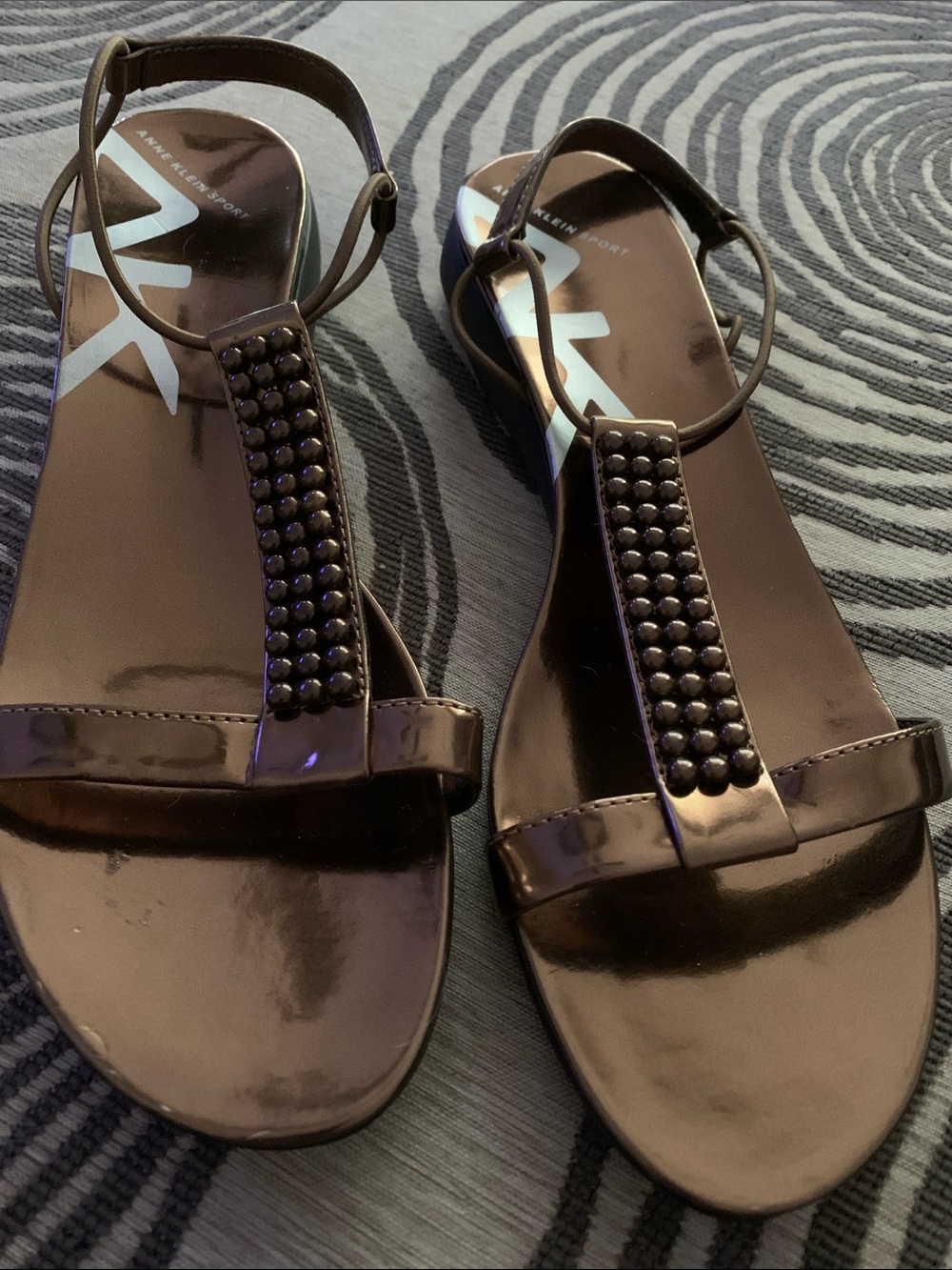 Anne Klein Sport Brown Patent Beaded T-Strap Sandals